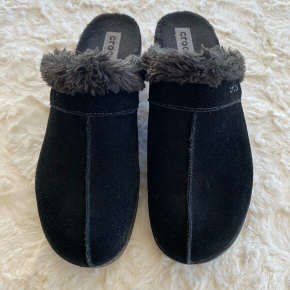 Crocs Women's Cobbler Suede Leather Clog Size 11 Faux Fur Lining Mule Wedge - Picture 3 of 10